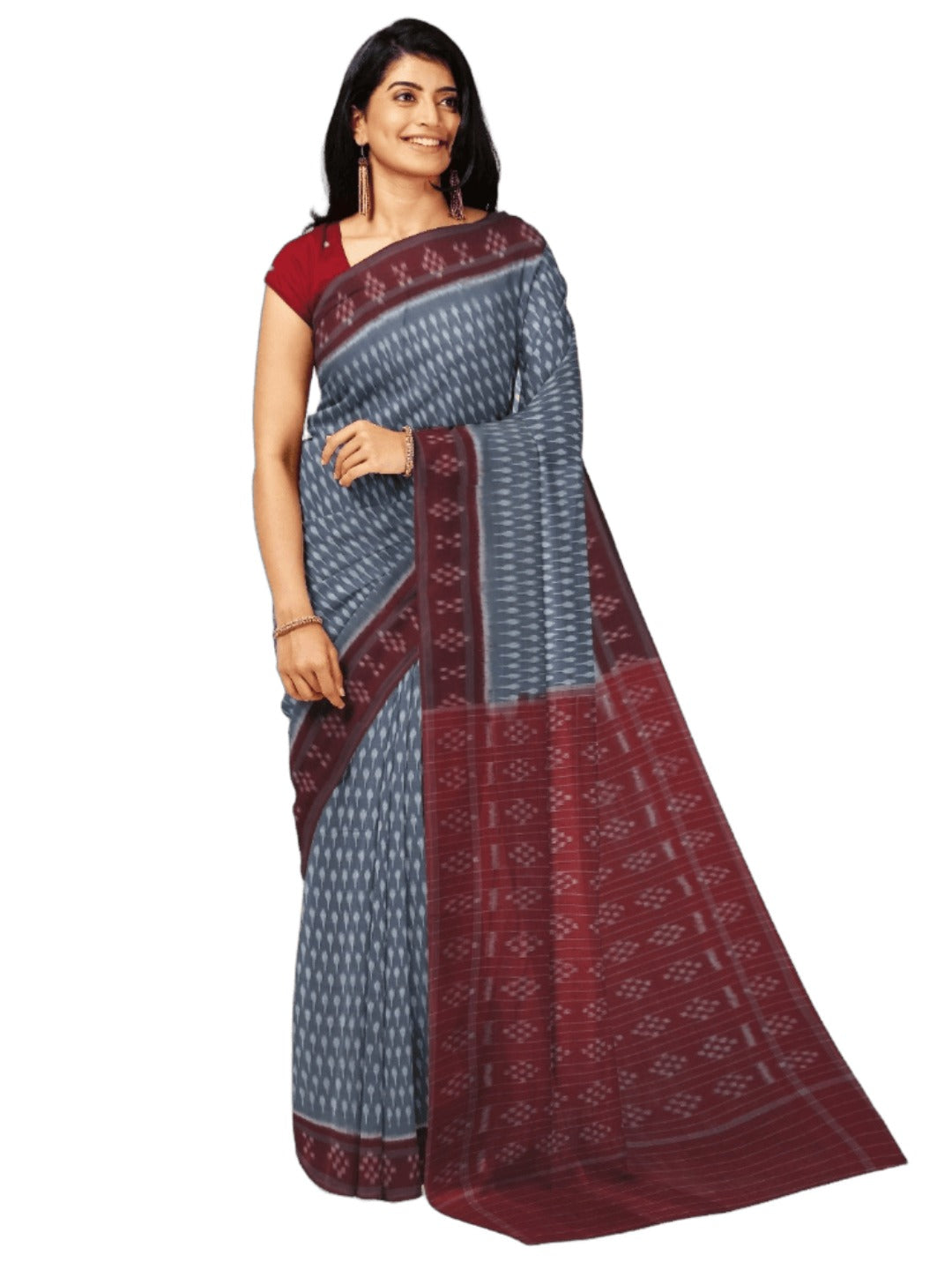 Grey cotton Odisha Ikat Saree with mix match cotton Ikat blouse piece