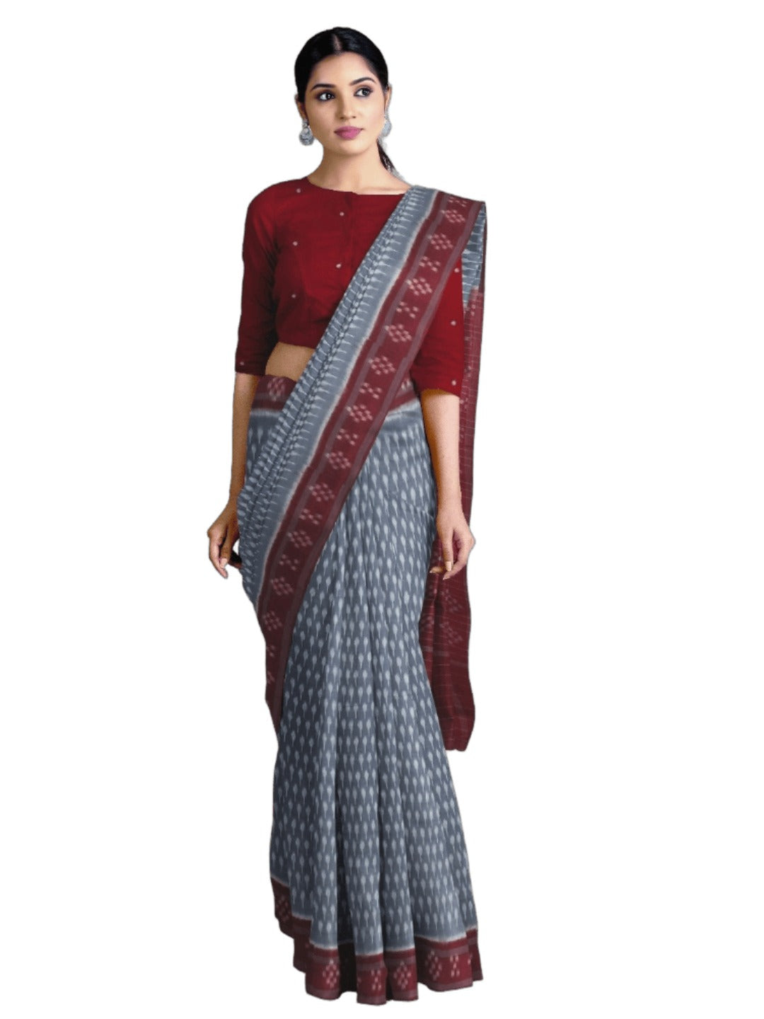 Grey cotton Odisha Ikat Saree with mix match cotton Ikat blouse piece