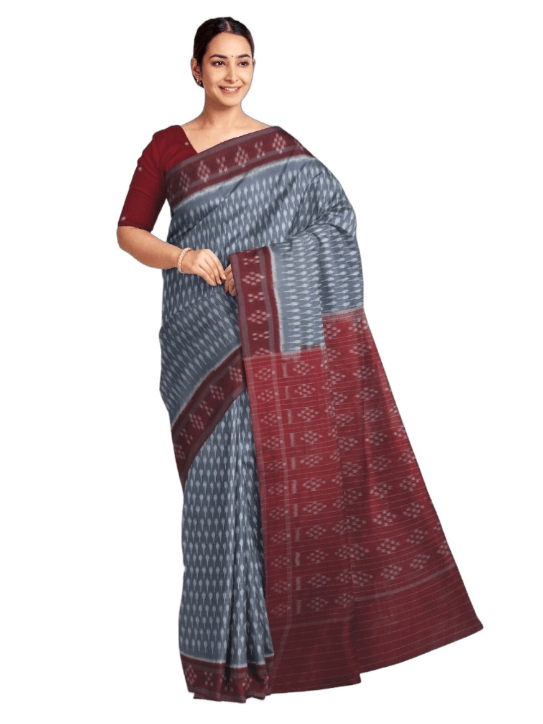 Grey cotton Odisha Ikat Saree with mix match cotton Ikat blouse piece