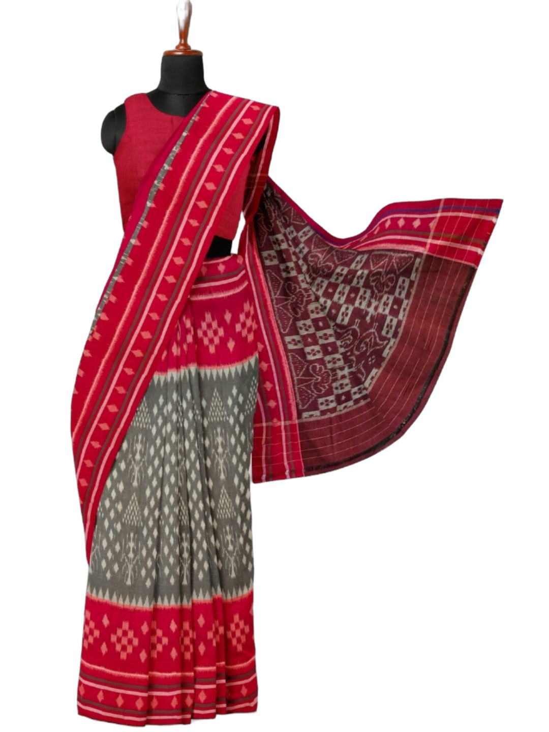 Grey with Red cotton Odisha Ikat Saree with matching cotton Ikat blouse piece