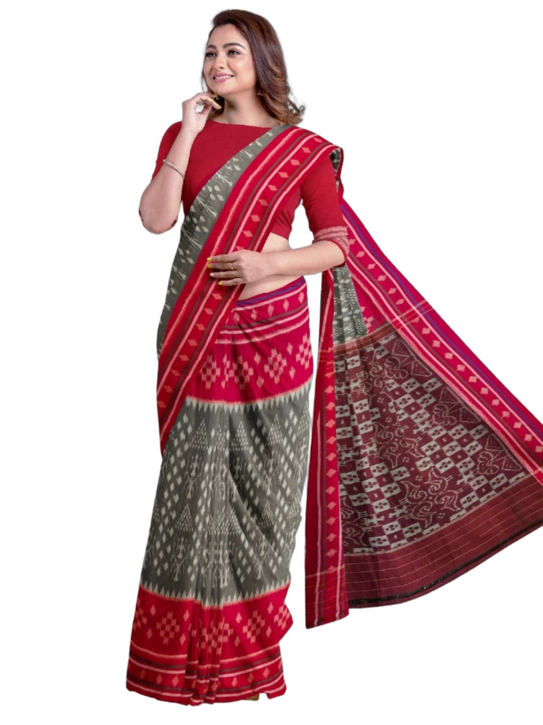 Grey with Red cotton Odisha Ikat Saree with matching cotton Ikat blouse piece