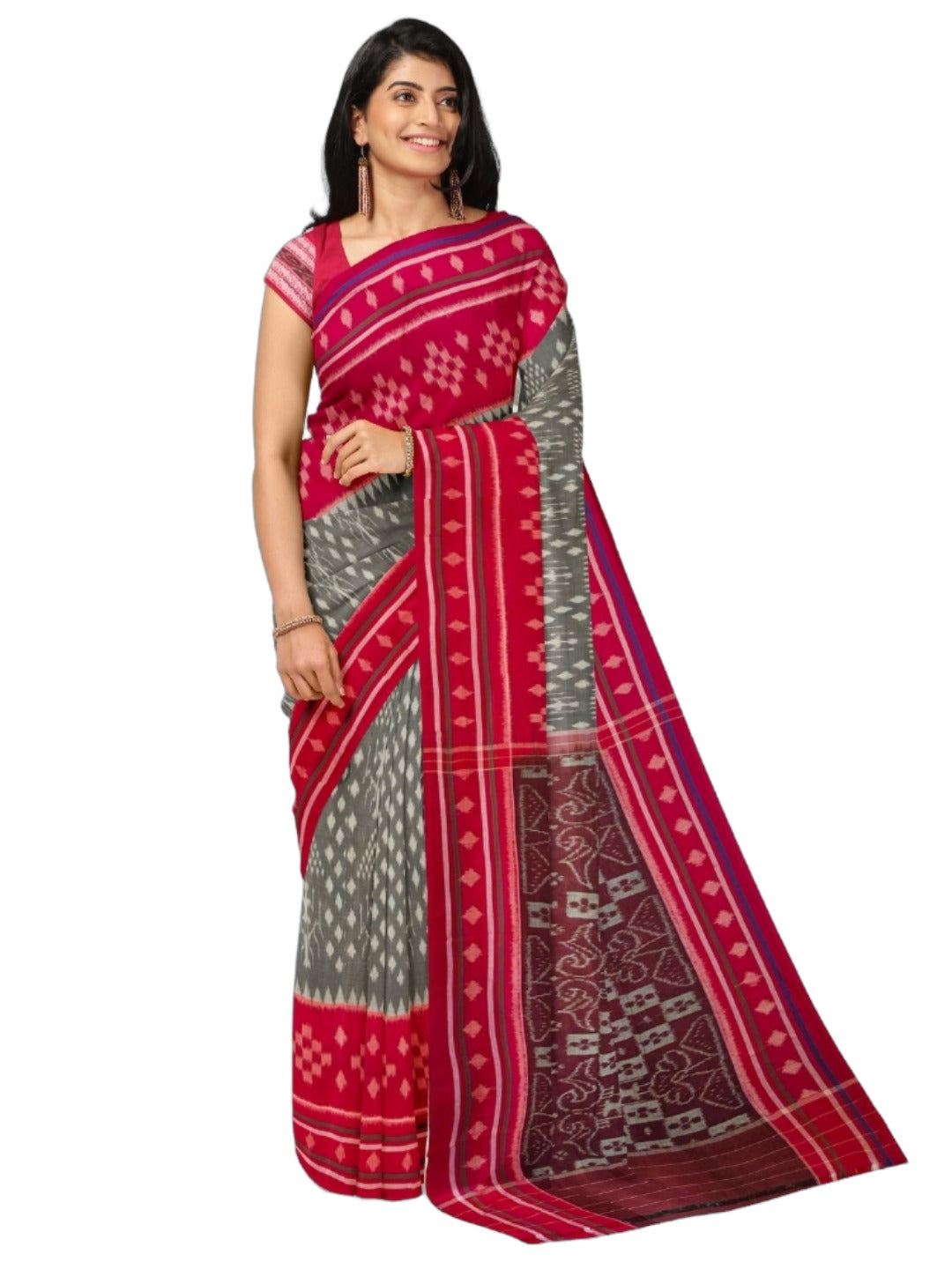 Grey with Red cotton Odisha Ikat Saree with matching cotton Ikat blouse piece