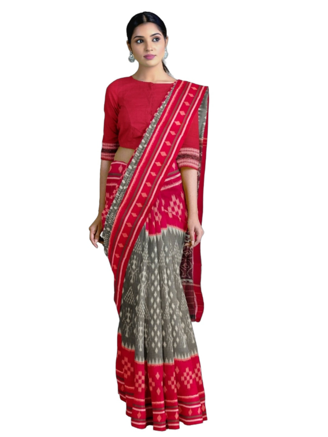 Grey with Red cotton Odisha Ikat Saree with matching cotton Ikat blouse piece