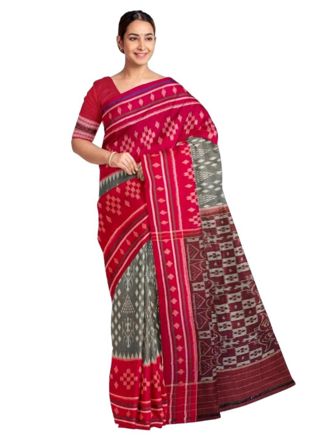Grey with Red cotton Odisha Ikat Saree with matching cotton Ikat blouse piece