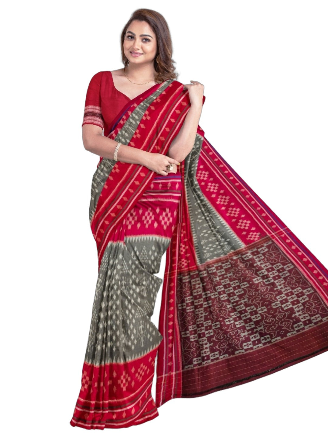 Grey with Red cotton Odisha Ikat Saree with matching cotton Ikat blouse piece