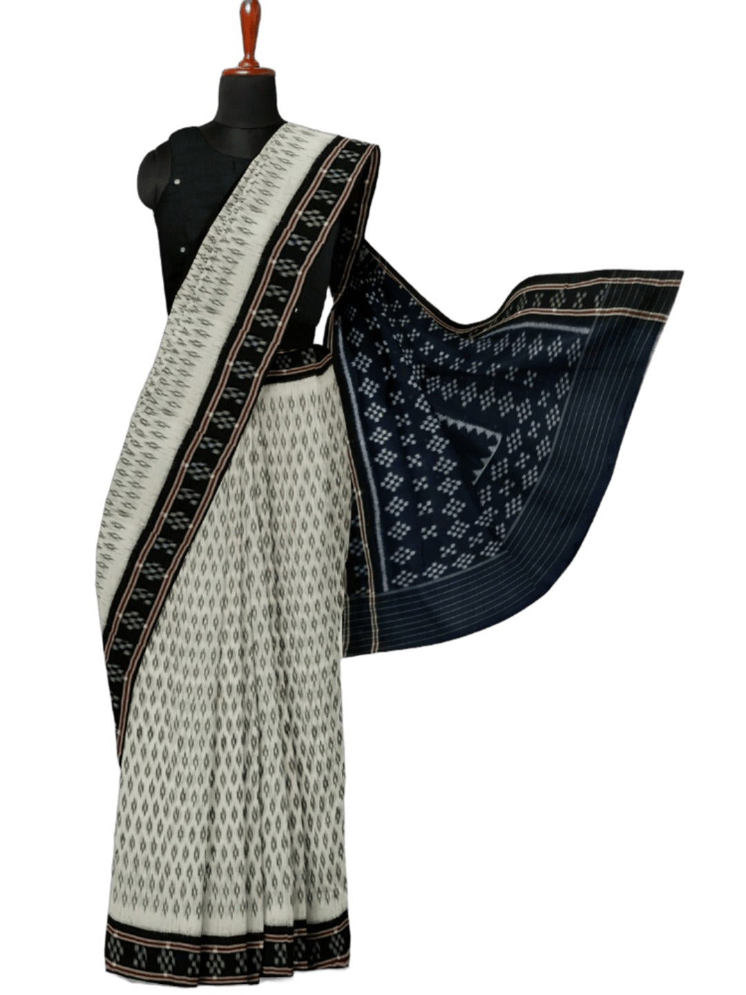 White with Black cotton Odisha Ikat Saree with mix match cotton Ikat blouse piece
