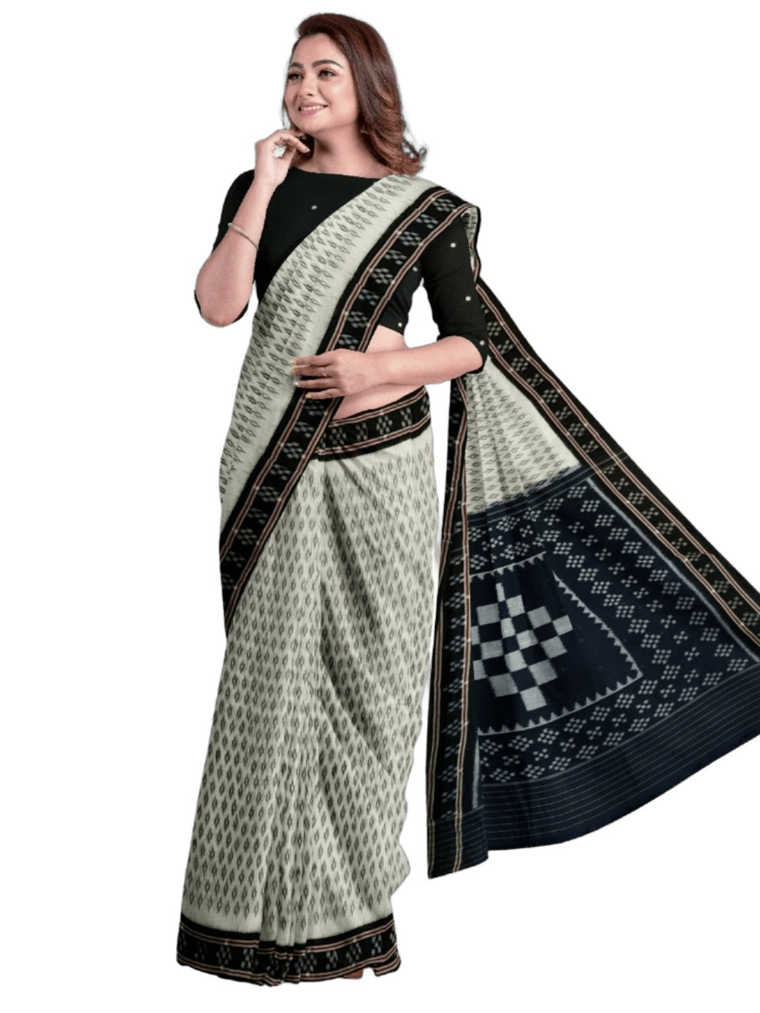 White with Black cotton Odisha Ikat Saree with mix match cotton Ikat blouse piece
