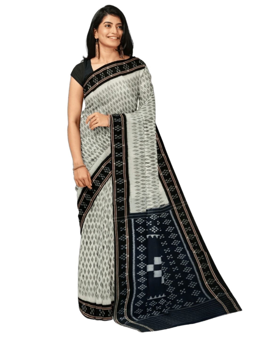 White with Black cotton Odisha Ikat Saree with mix match cotton Ikat blouse piece