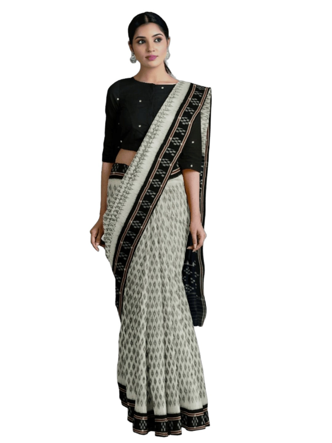 White with Black cotton Odisha Ikat Saree with mix match cotton Ikat blouse piece
