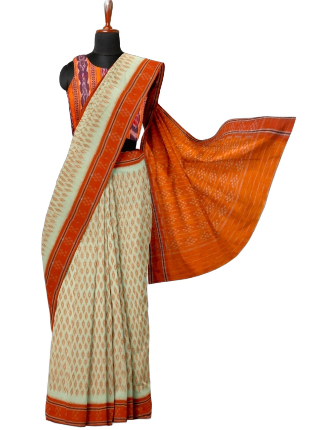 White with Orange cotton Odisha Ikat Saree with mix match cotton Ikat blouse piece