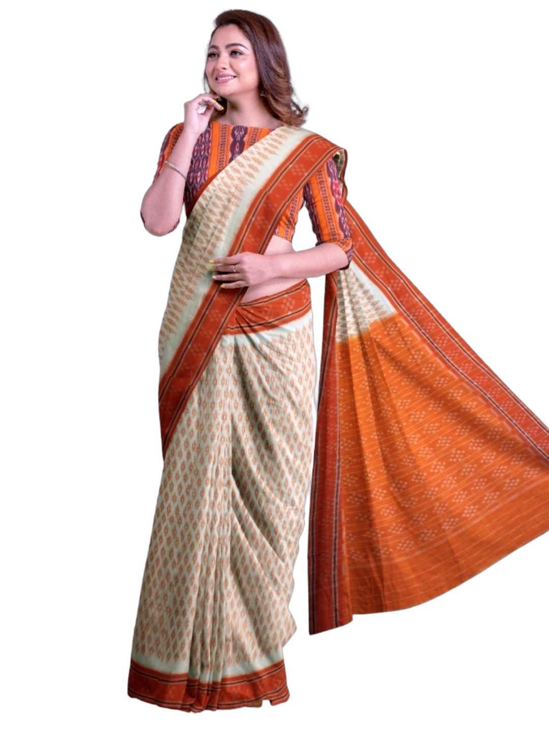 White with Orange cotton Odisha Ikat Saree with mix match cotton Ikat blouse piece
