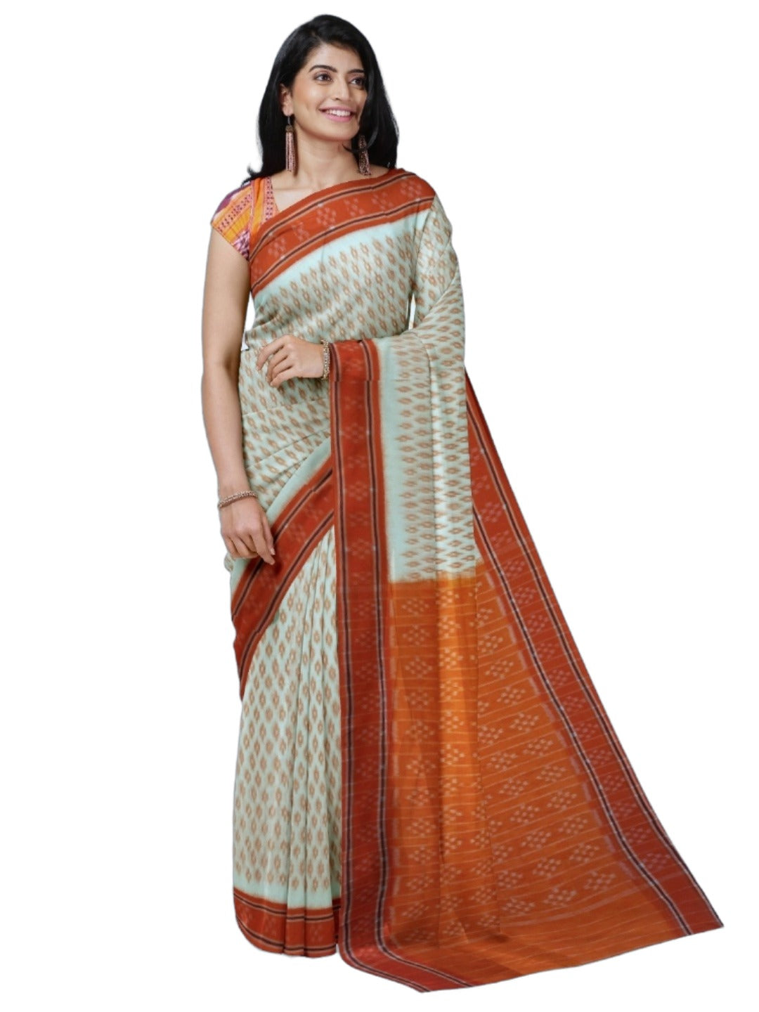 White with Orange cotton Odisha Ikat Saree with mix match cotton Ikat blouse piece