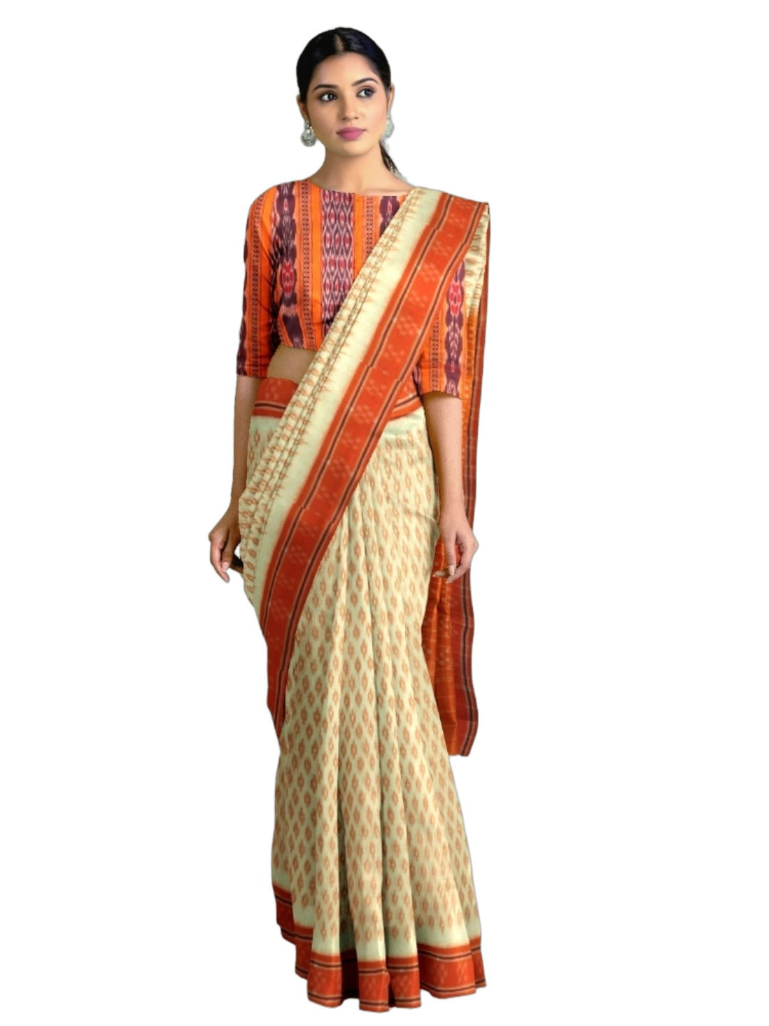 White with Orange cotton Odisha Ikat Saree with mix match cotton Ikat blouse piece