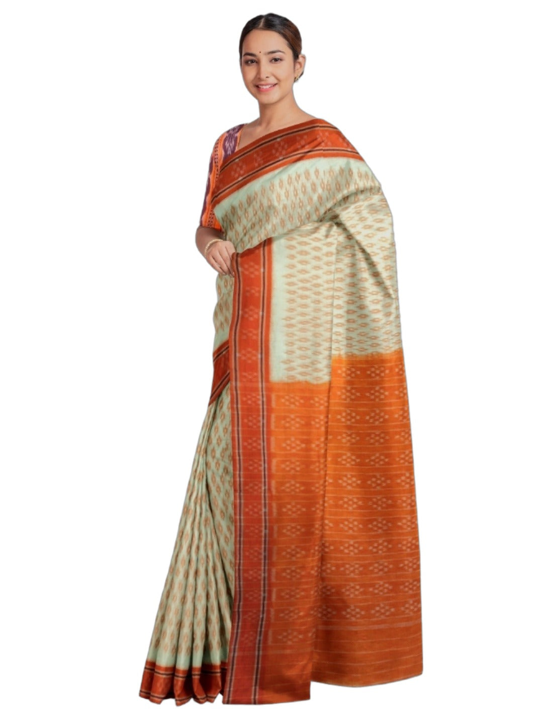 White with Orange cotton Odisha Ikat Saree with mix match cotton Ikat blouse piece