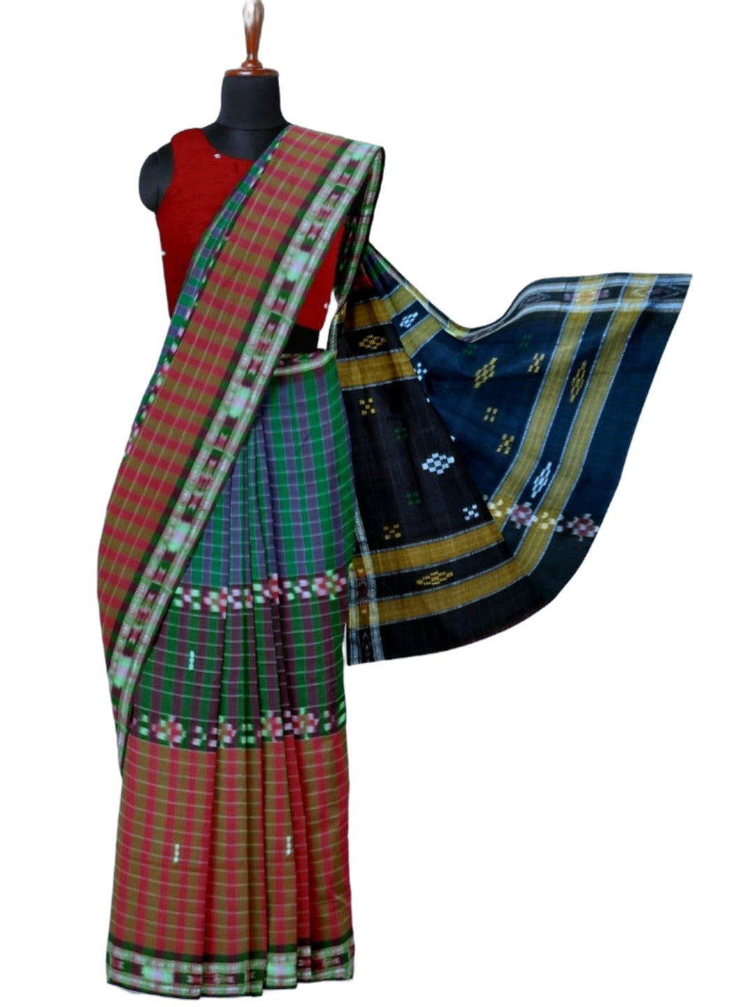 Multi coloured Cotton Odisha Ikat saree with mix match blouse piece