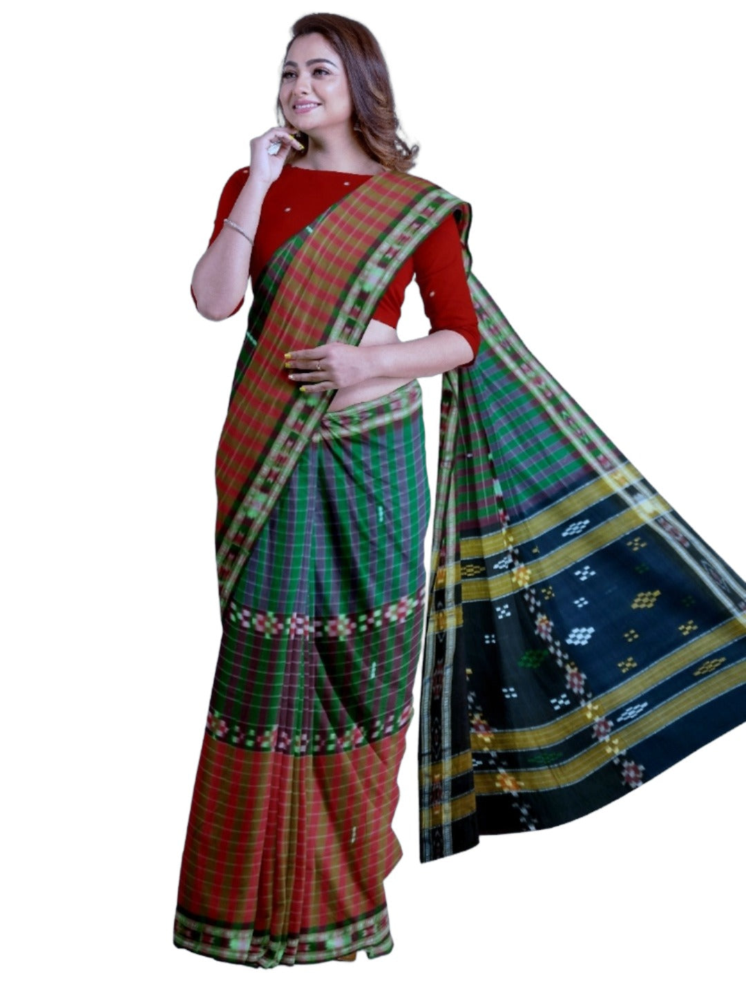 Multi coloured Cotton Odisha Ikat saree with mix match blouse piece