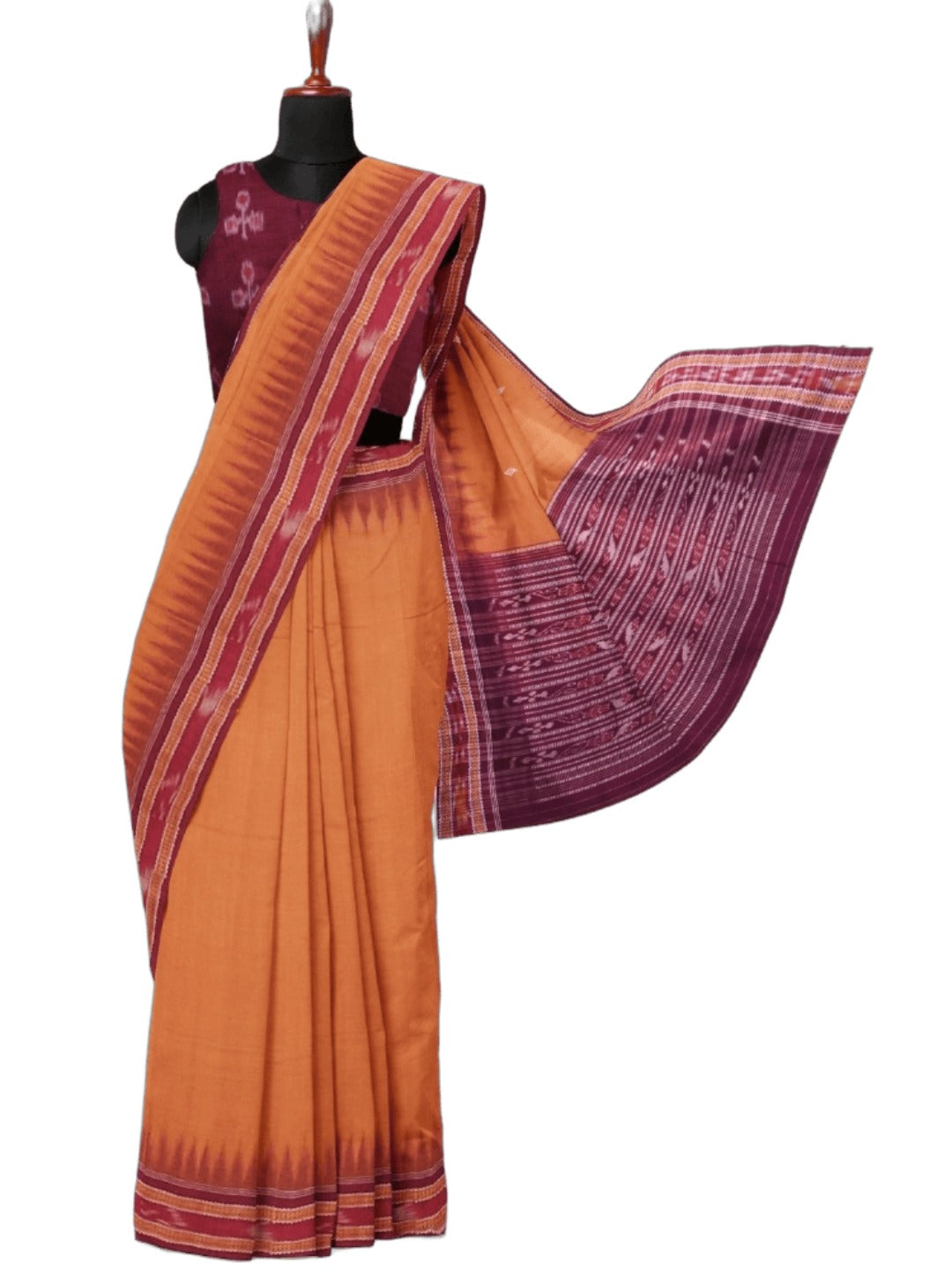 Peach with Maroon Cotton Odisha Ikat saree with mix match blouse piece