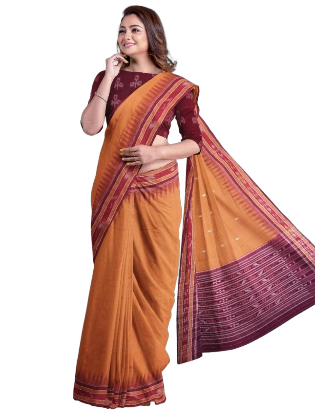 Peach with Maroon Cotton Odisha Ikat saree with mix match blouse piece