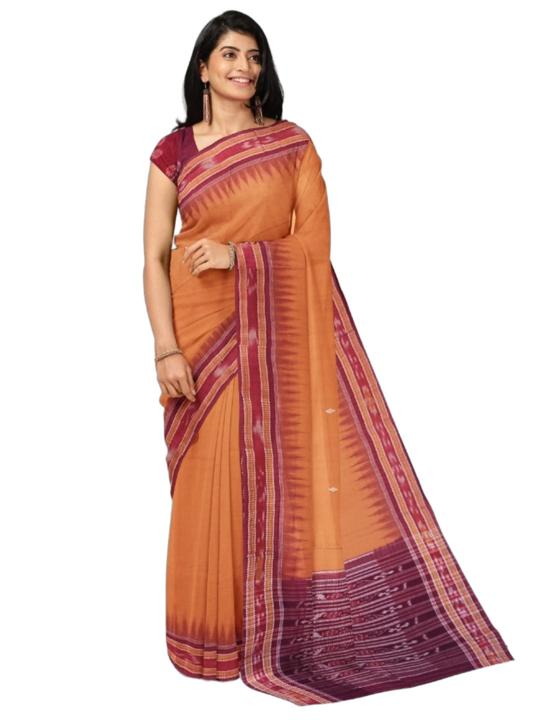 Peach with Maroon Cotton Odisha Ikat saree with mix match blouse piece