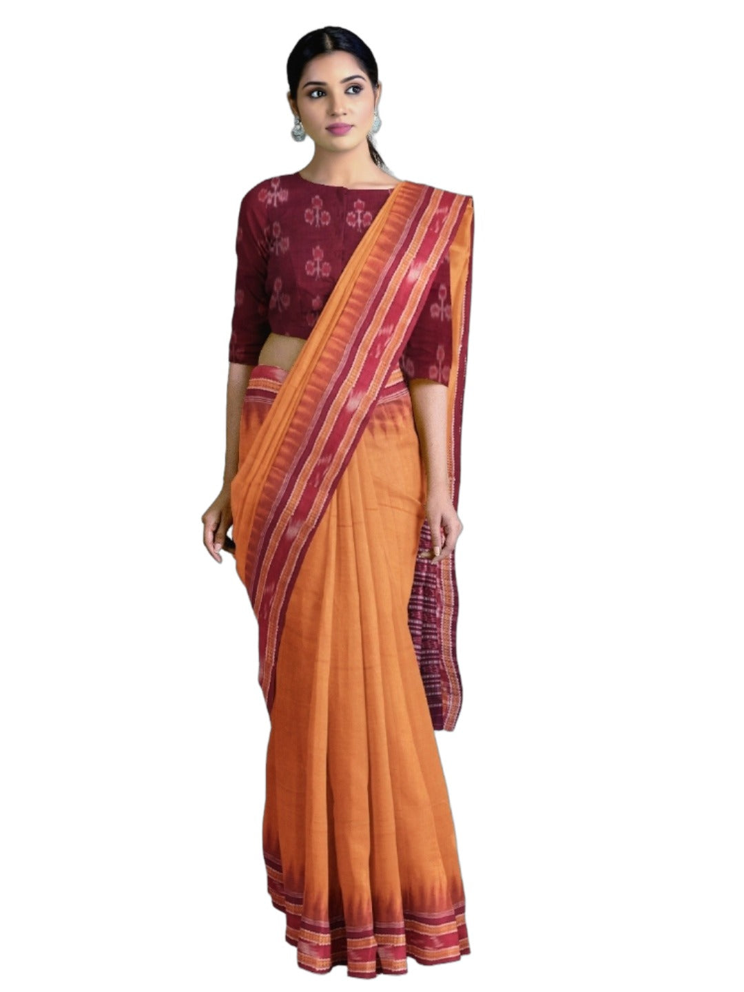 Peach with Maroon Cotton Odisha Ikat saree with mix match blouse piece
