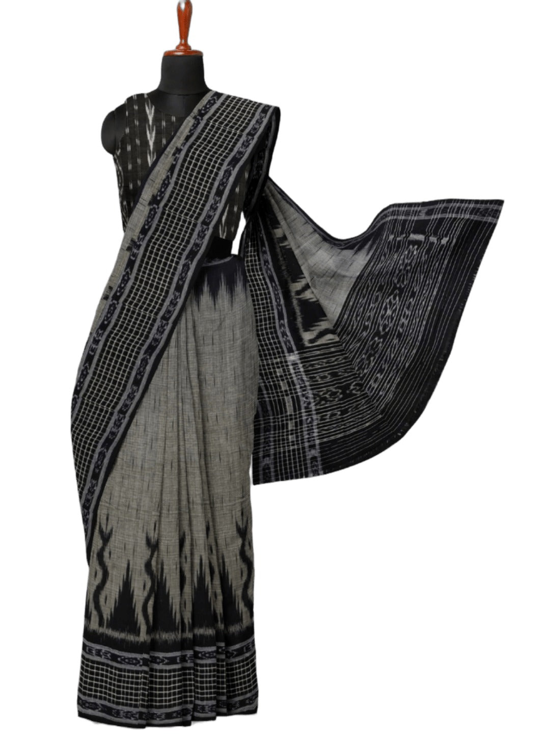 DarkGrey with Black wide border Cotton Odisha Ikat saree with mix match cotton ikat blouse