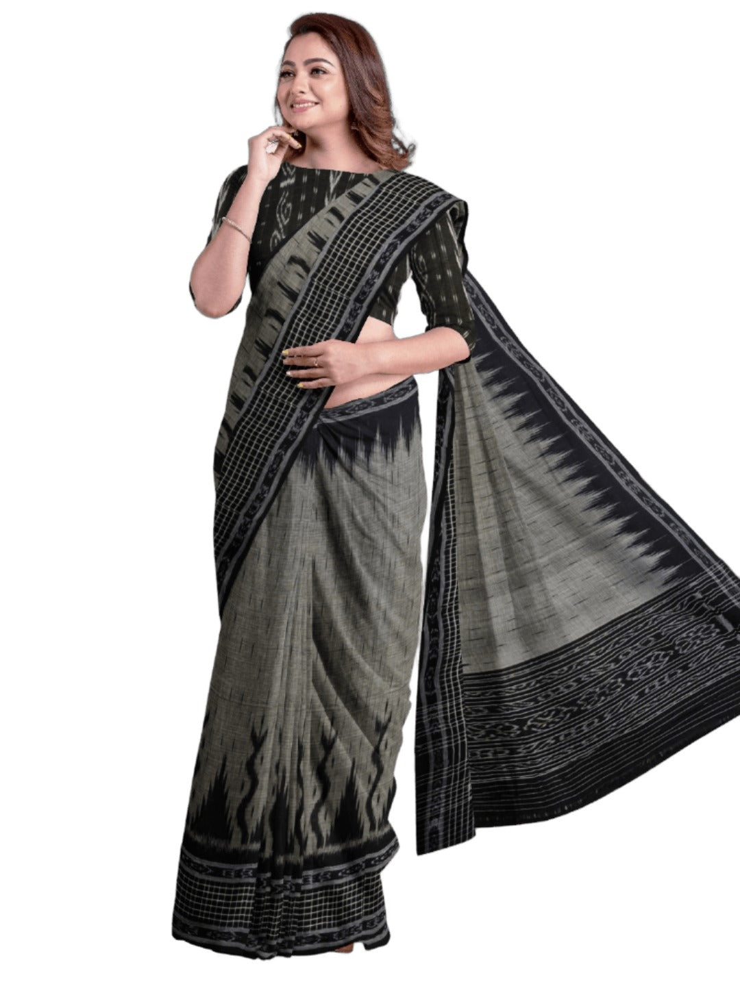 DarkGrey with Black wide border Cotton Odisha Ikat saree with mix match cotton ikat blouse