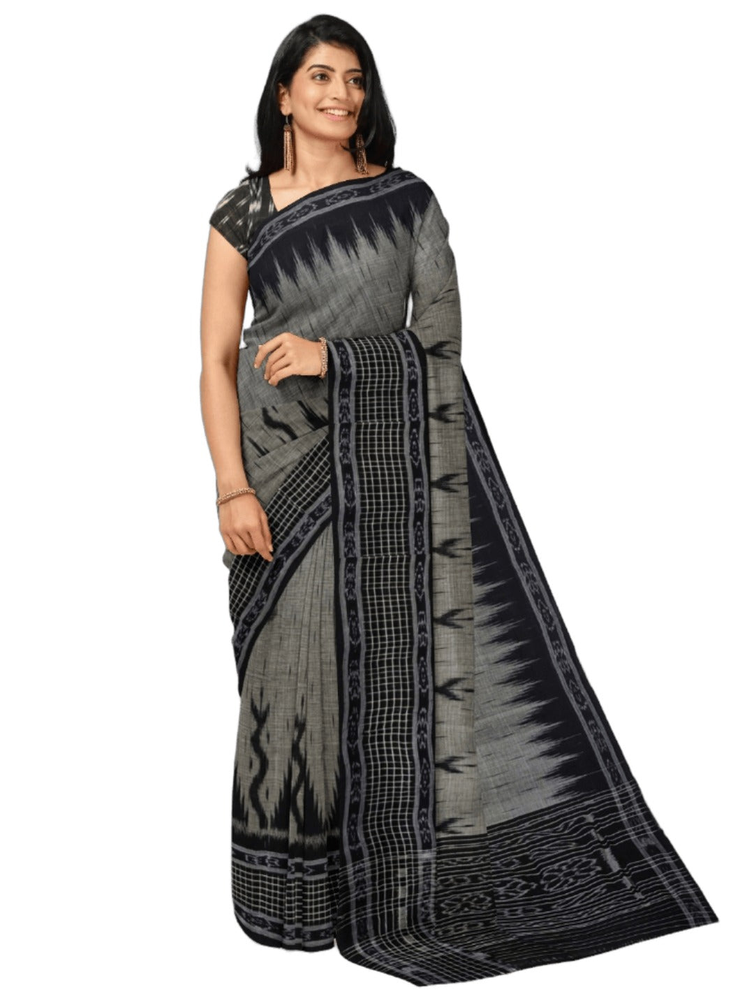DarkGrey with Black wide border Cotton Odisha Ikat saree with mix match cotton ikat blouse