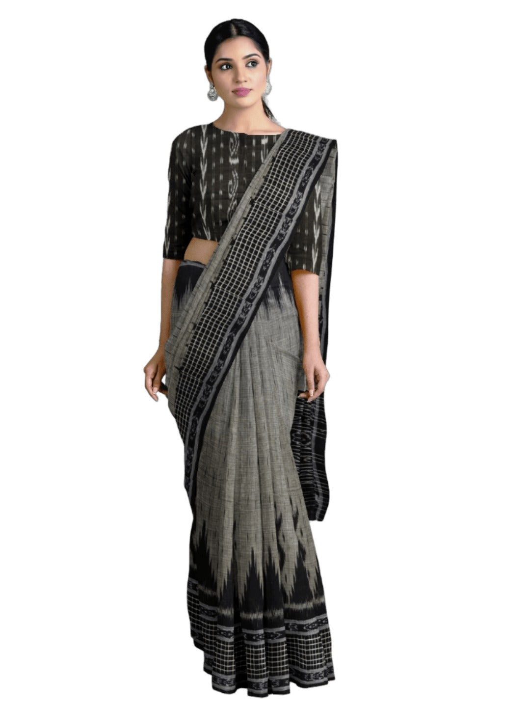 DarkGrey with Black wide border Cotton Odisha Ikat saree with mix match cotton ikat blouse