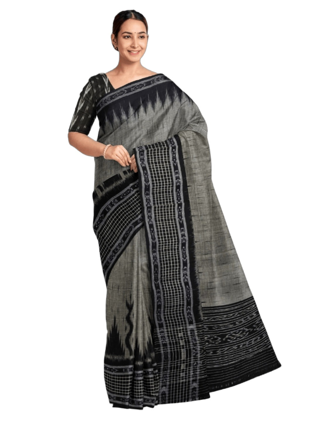 DarkGrey with Black wide border Cotton Odisha Ikat saree with mix match cotton ikat blouse