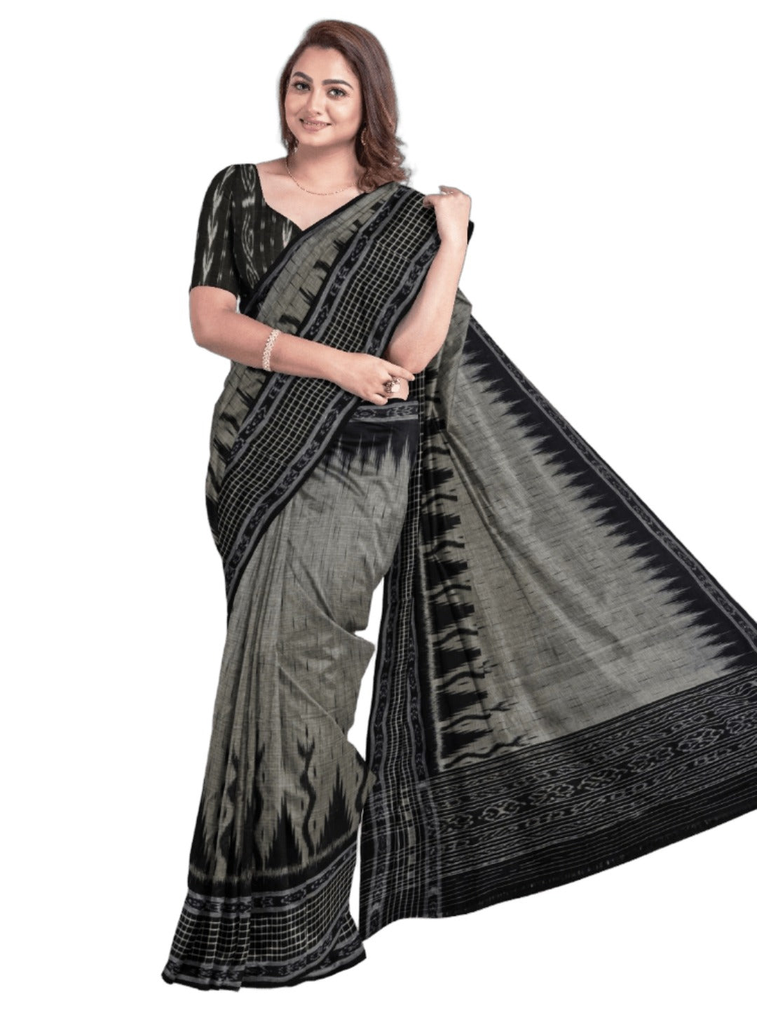 DarkGrey with Black wide border Cotton Odisha Ikat saree with mix match cotton ikat blouse