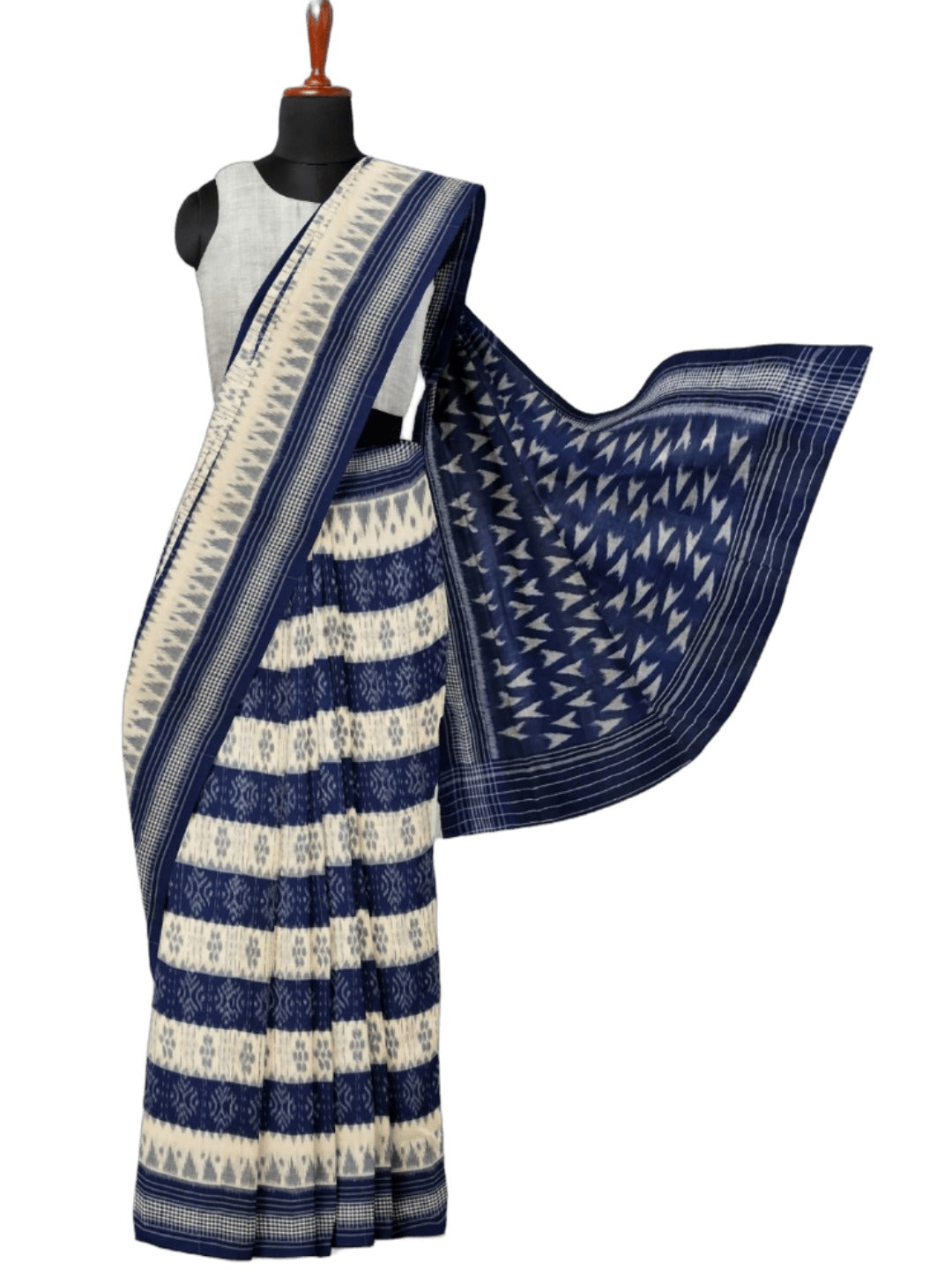 White with Blue Cotton Odisha Ikat saree with cotton ikat blouse piece