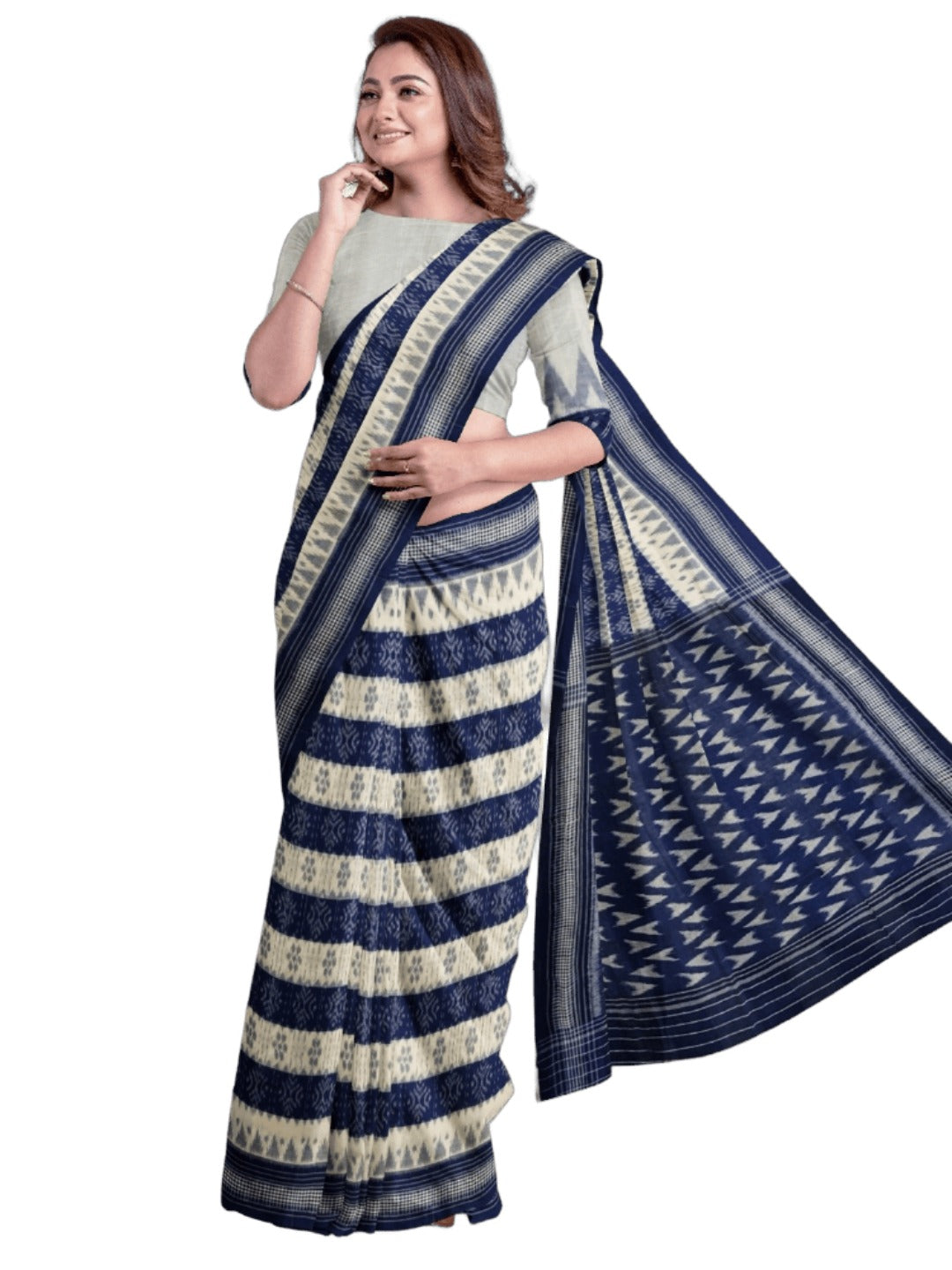 White with Blue Cotton Odisha Ikat saree with cotton ikat blouse piece
