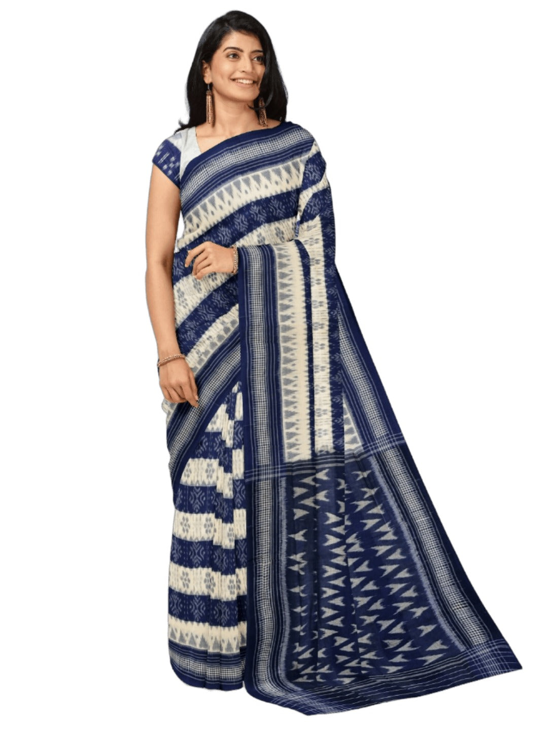 White with Blue Cotton Odisha Ikat saree with cotton ikat blouse piece