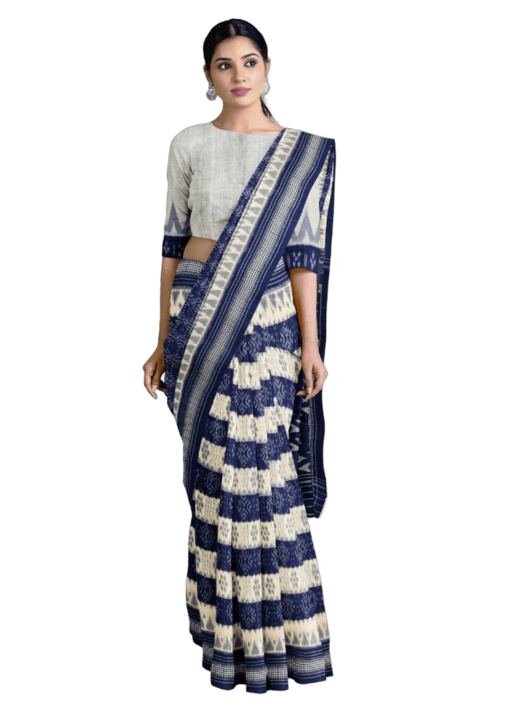 White with Blue Cotton Odisha Ikat saree with cotton ikat blouse piece