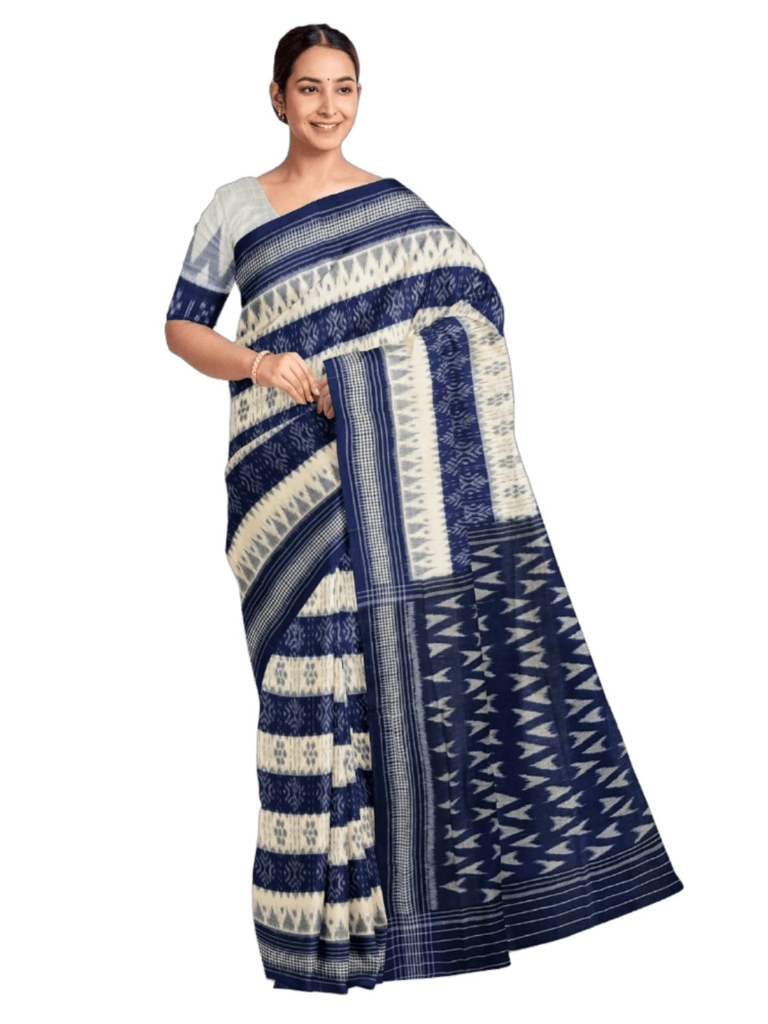White with Blue Cotton Odisha Ikat saree with cotton ikat blouse piece