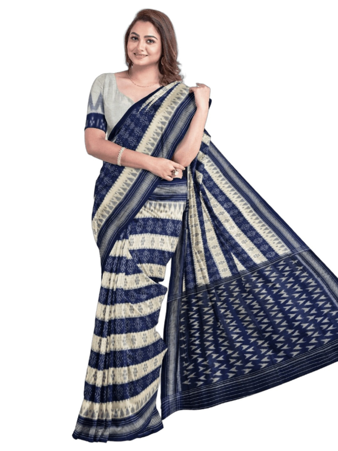 White with Blue Cotton Odisha Ikat saree with cotton ikat blouse piece
