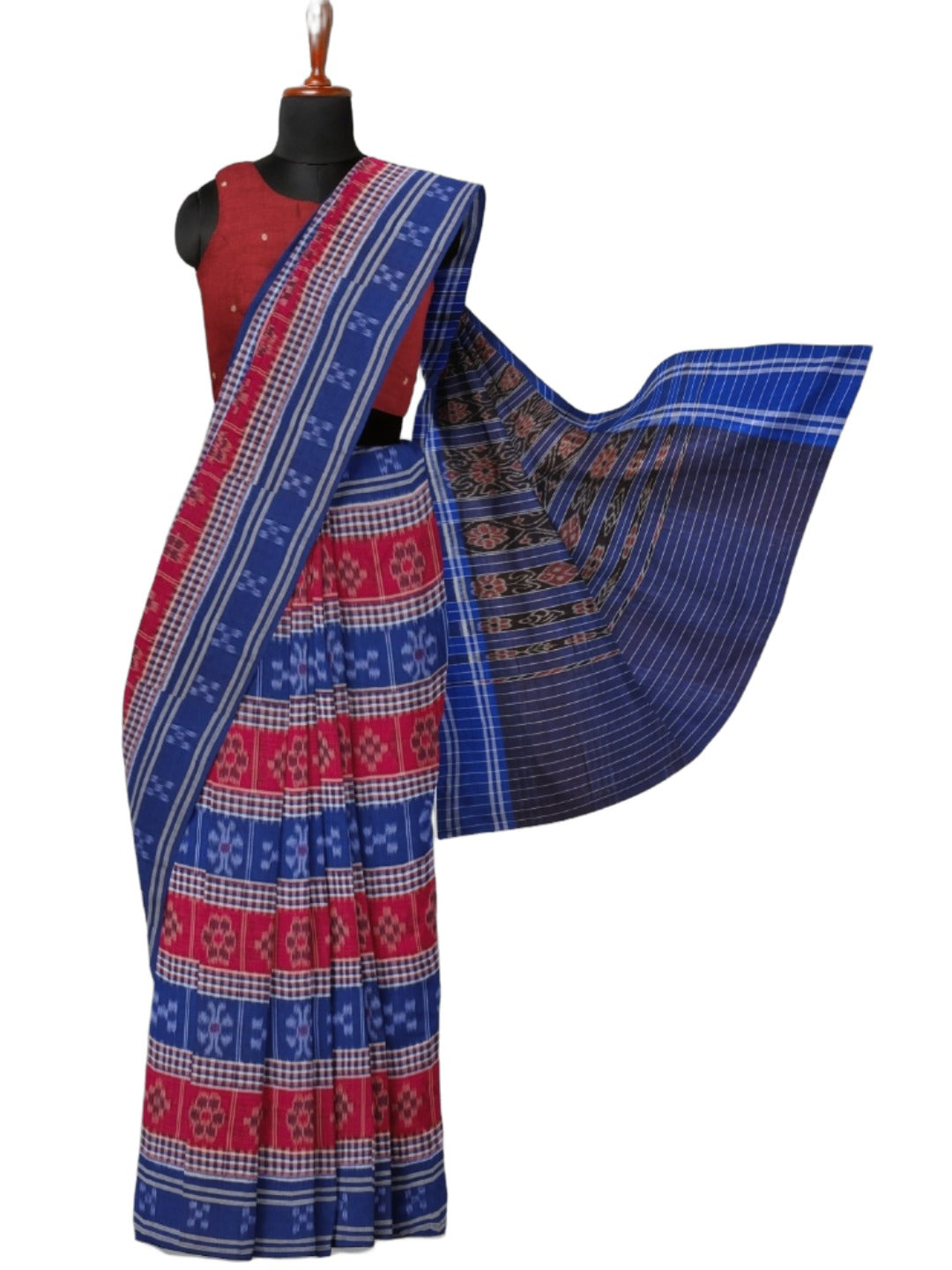 Blue Cotton Odisha Ikat saree with mix match cotton ikat blouse piece