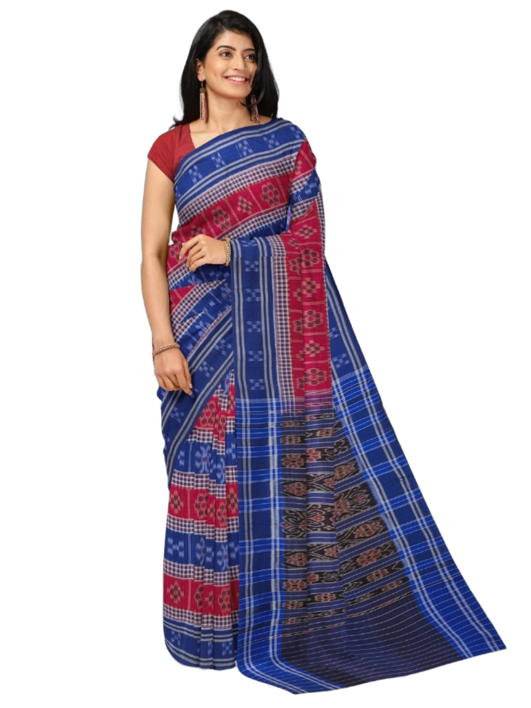 Blue Cotton Odisha Ikat saree with mix match cotton ikat blouse piece