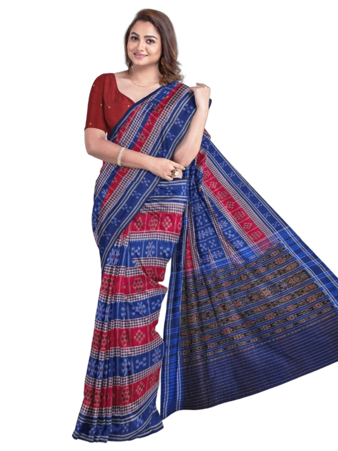 Blue Cotton Odisha Ikat saree with mix match cotton ikat blouse piece