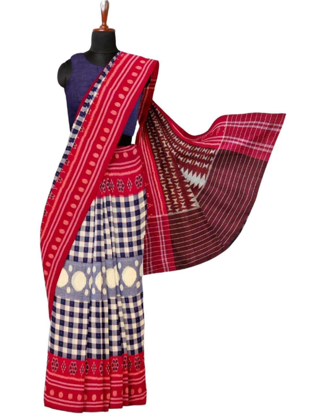 Blue with Red Cotton Odisha Ikat saree with cotton ikat blouse piece