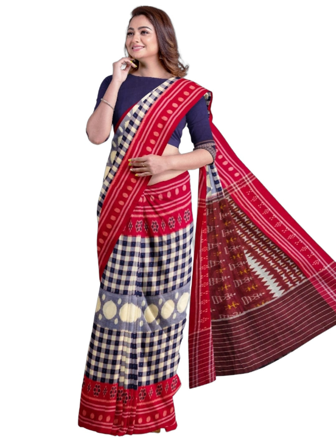 Blue with Red Cotton Odisha Ikat saree with cotton ikat blouse piece