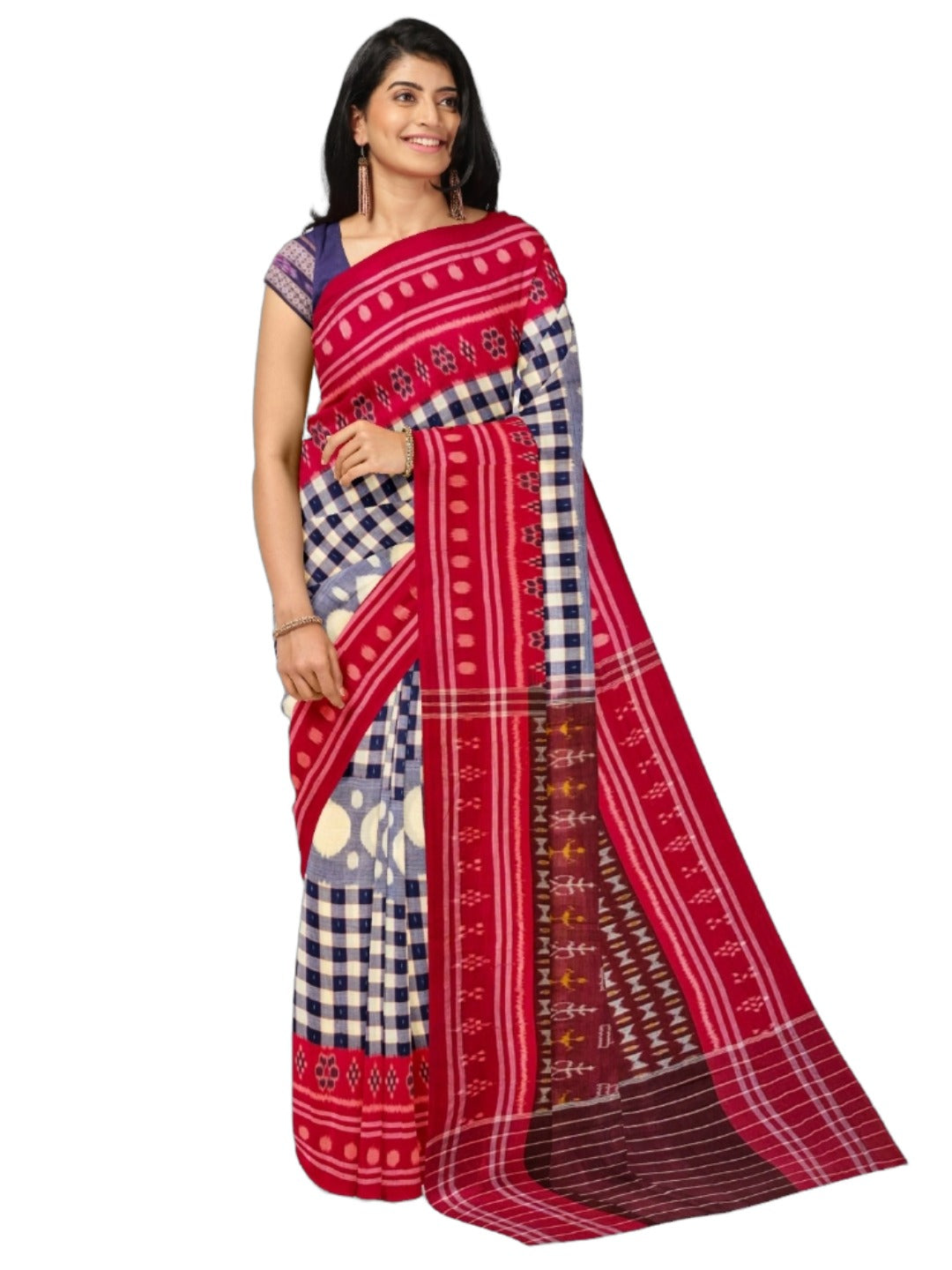 Blue with Red Cotton Odisha Ikat saree with cotton ikat blouse piece