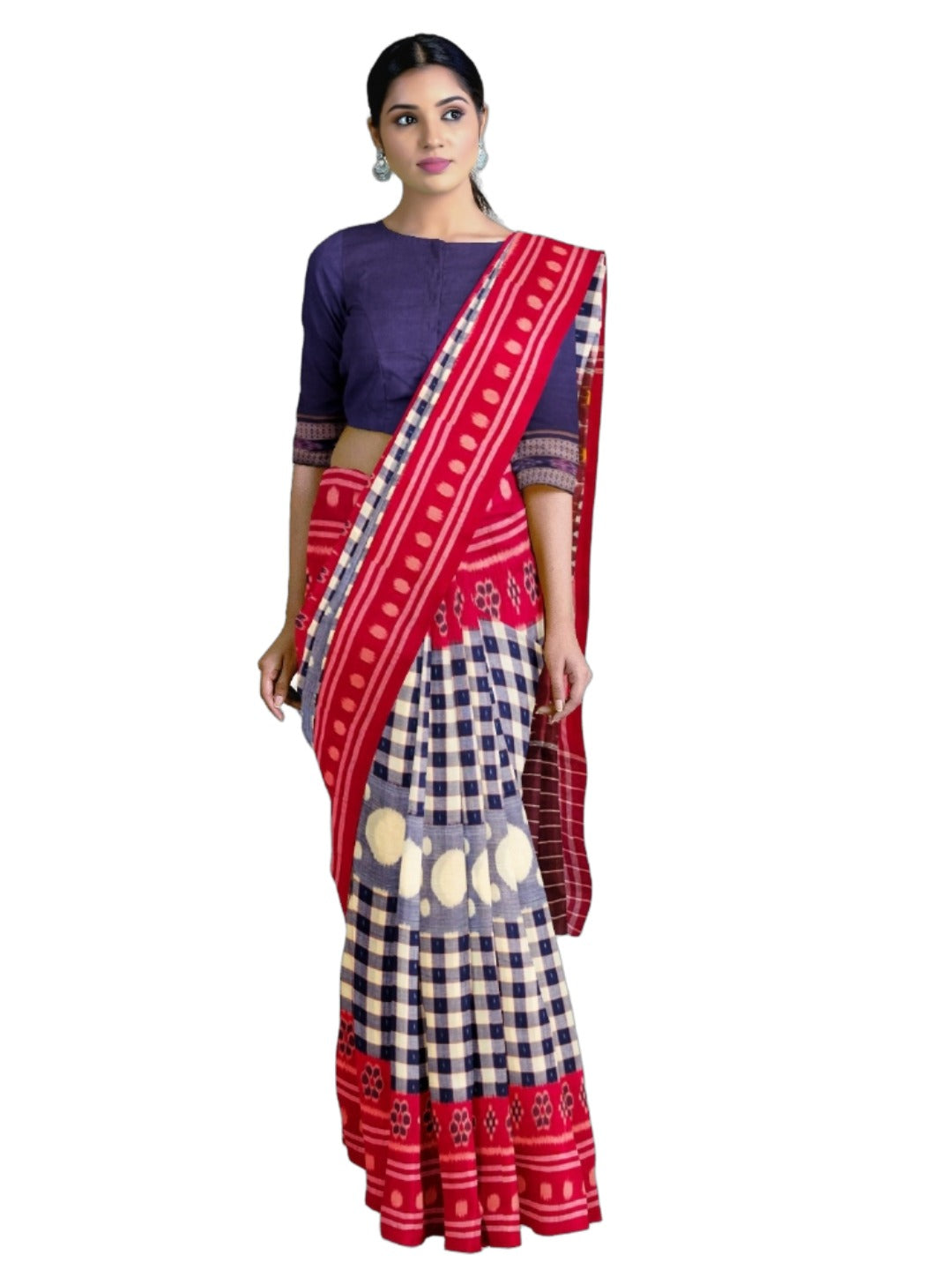 Blue with Red Cotton Odisha Ikat saree with cotton ikat blouse piece
