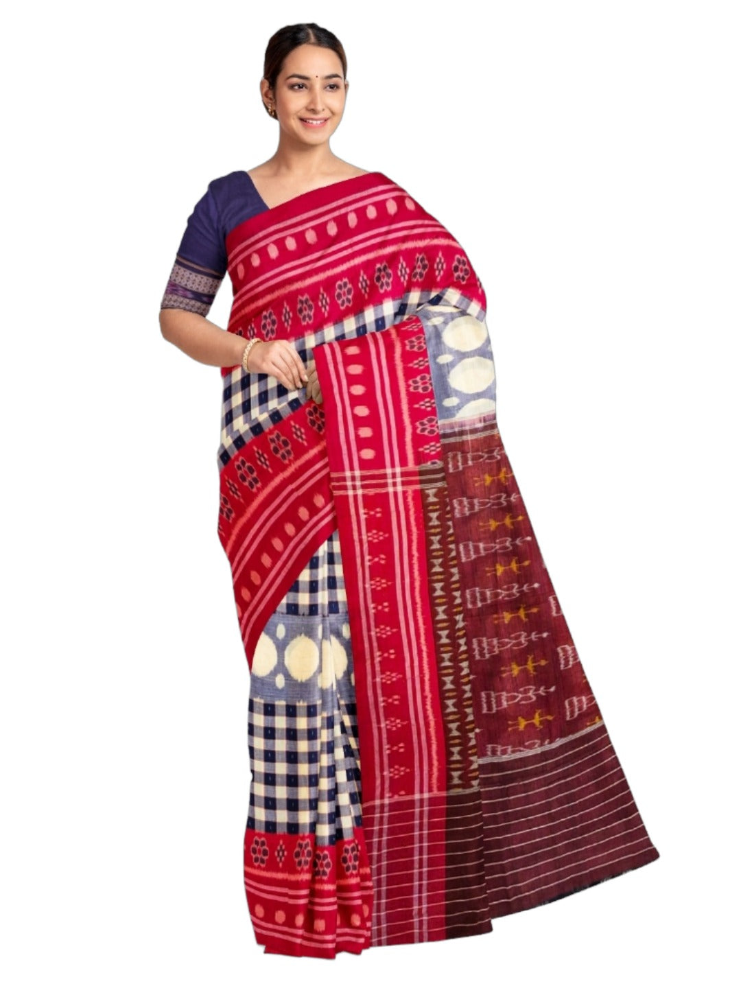 Blue with Red Cotton Odisha Ikat saree with cotton ikat blouse piece