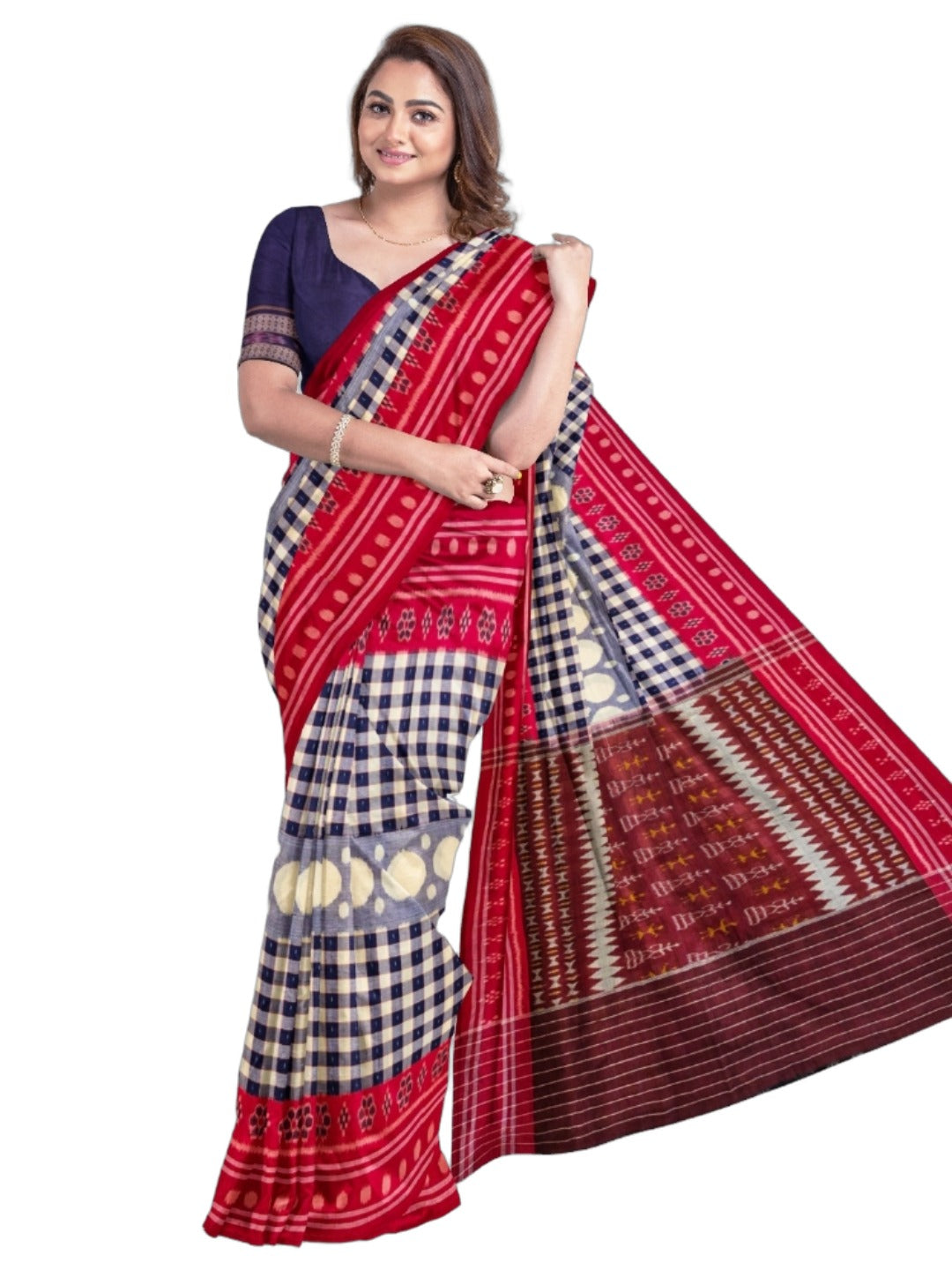 Blue with Red Cotton Odisha Ikat saree with cotton ikat blouse piece