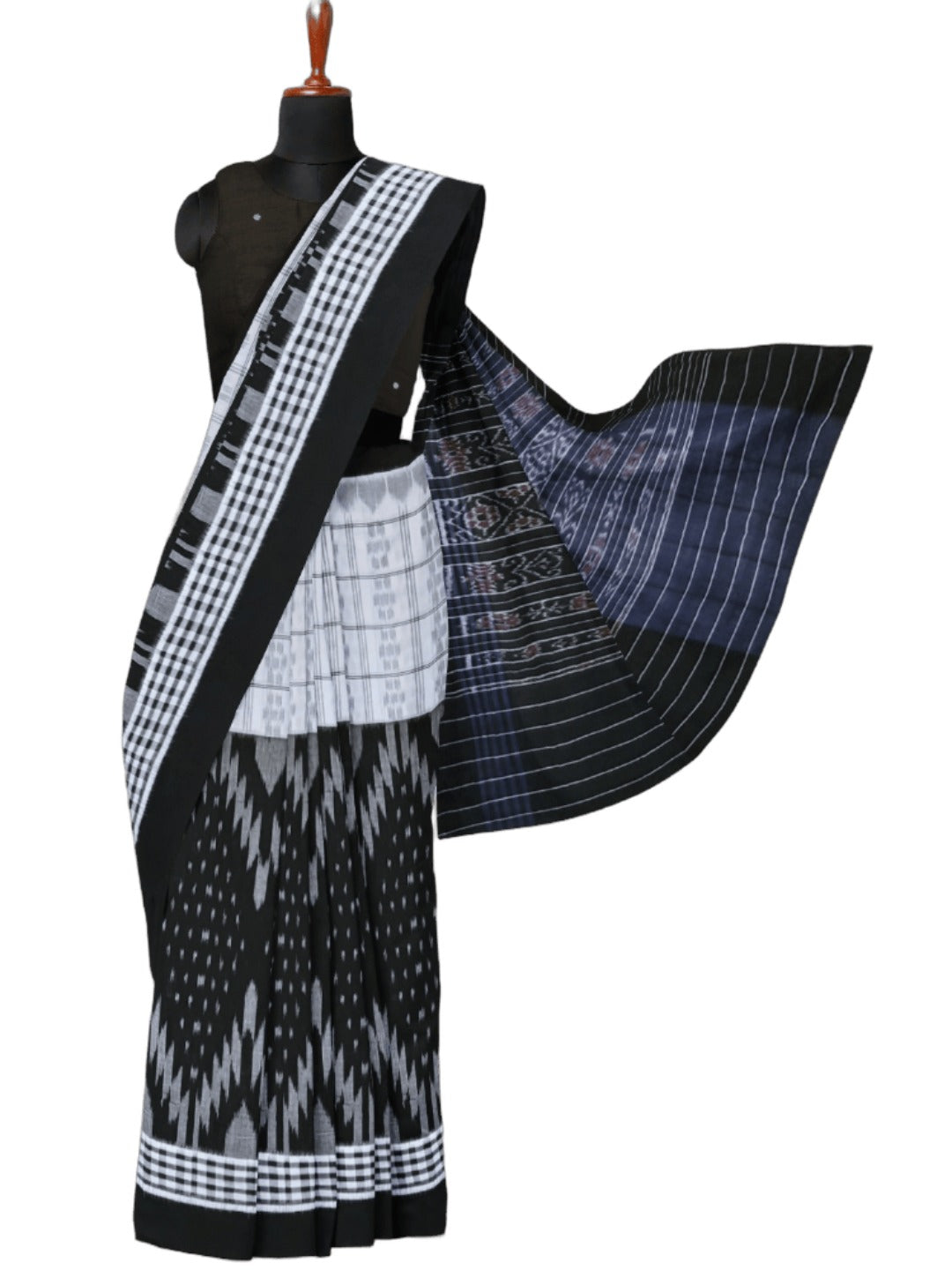 Black and White half half body coloured Odisha Ikat saree with cotton ikat blouse piece