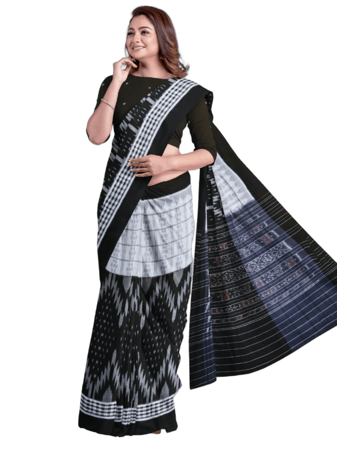 Black and White half half body coloured Odisha Ikat saree with cotton ikat blouse piece