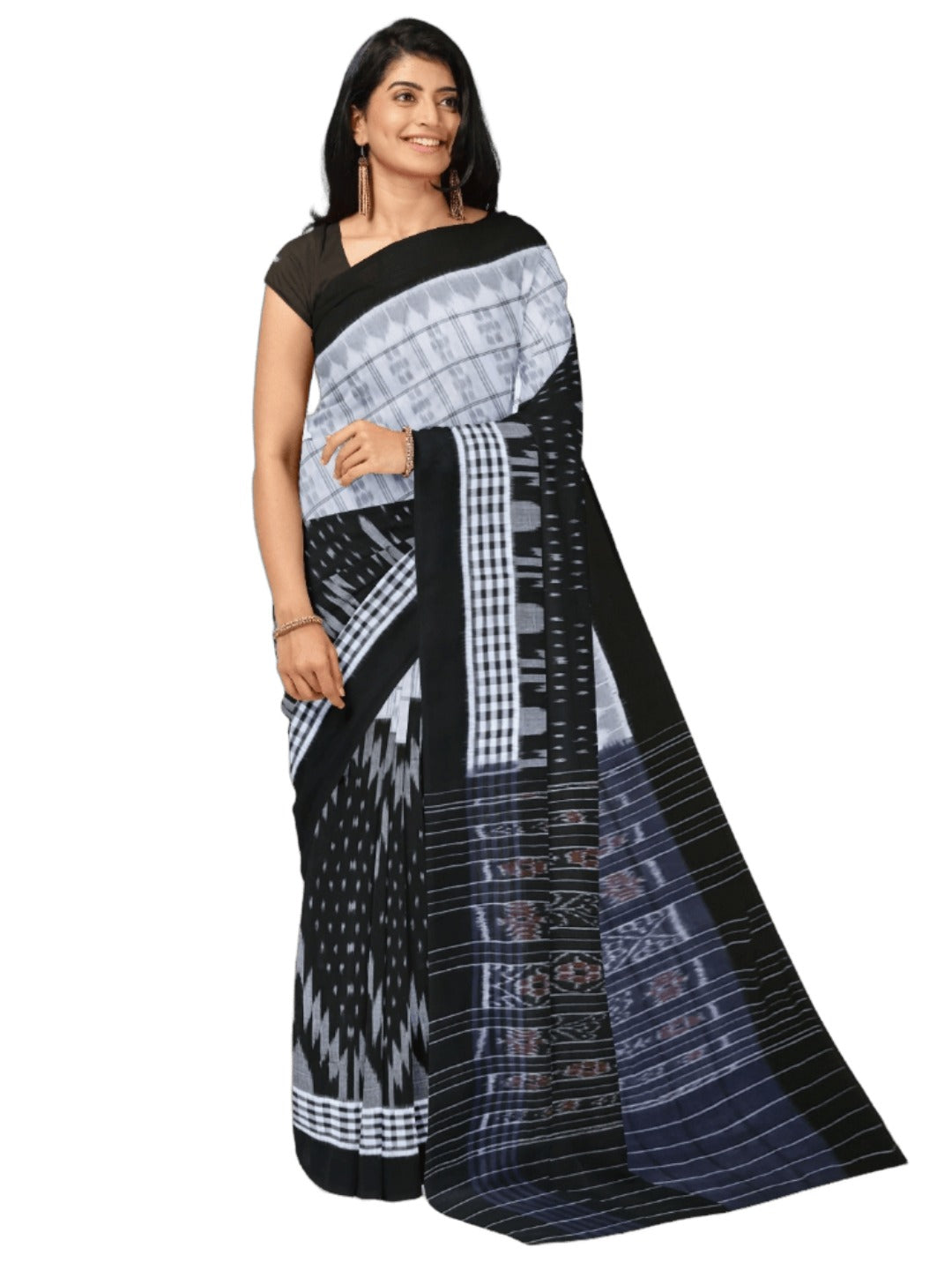 Black and White half half body coloured Odisha Ikat saree with cotton ikat blouse piece