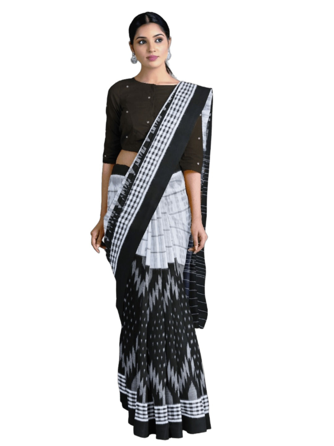 Black and White half half body coloured Odisha Ikat saree with cotton ikat blouse piece