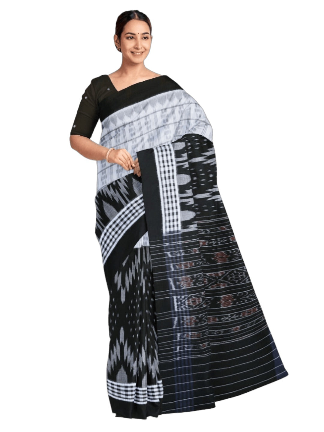 Black and White half half body coloured Odisha Ikat saree with cotton ikat blouse piece